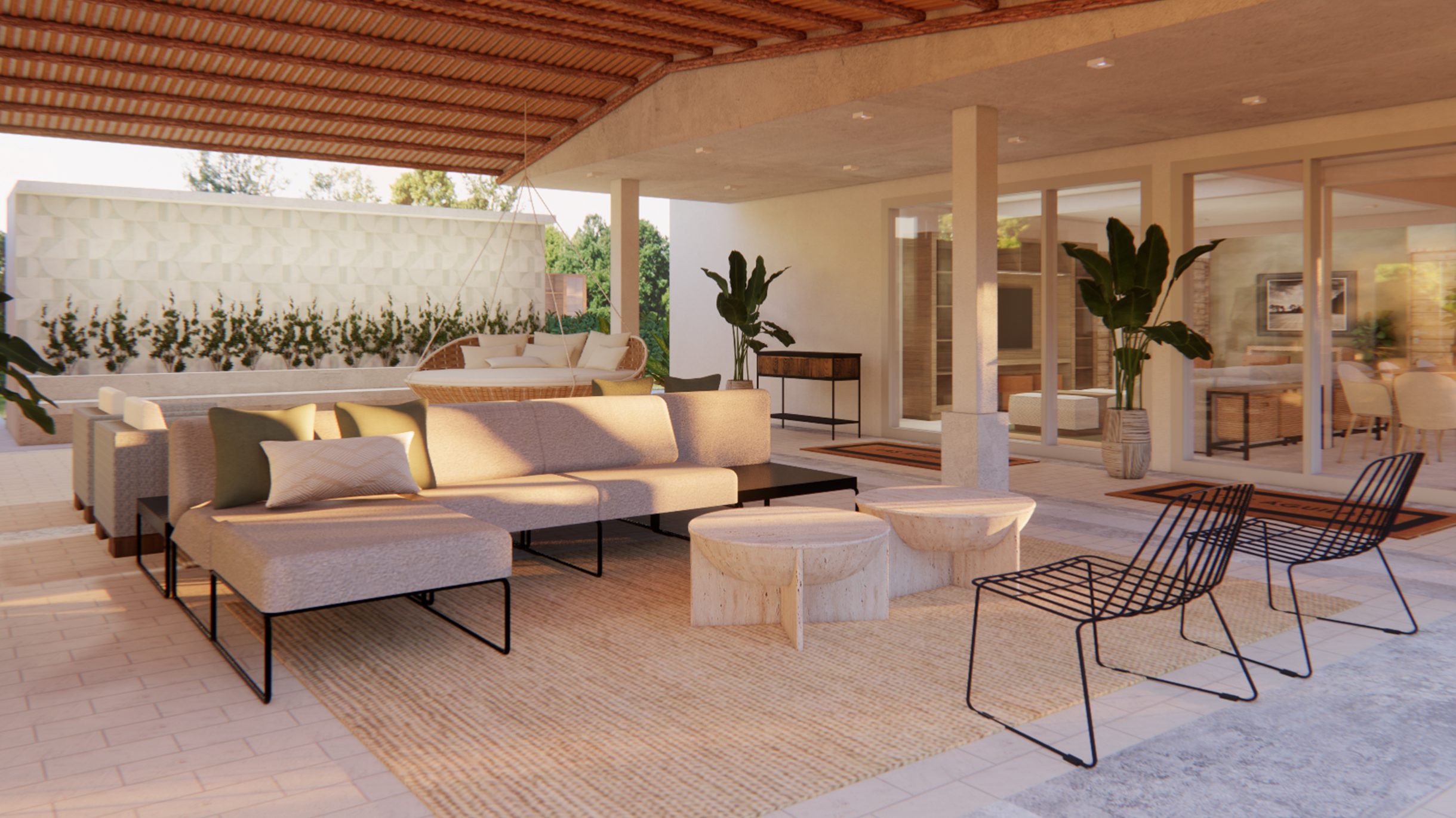 Vista de terraza con jardinera y de fondo salón