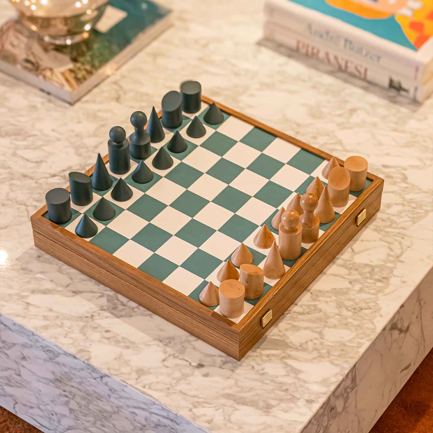 wooden chess on a coffee table