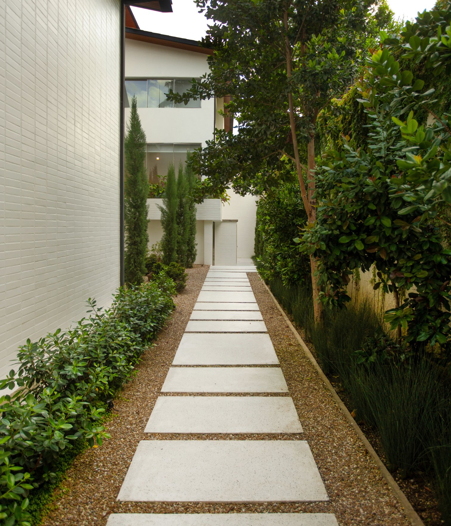Sendero de acceso con losas de concreto y vegetación lateral en jardín contemporáneo